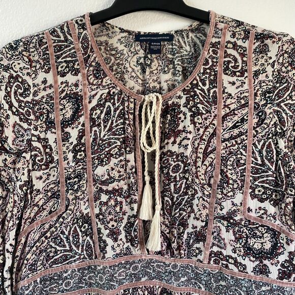 American Eagle Peasant Womens Blouse Tunic Size S/P‎ Paisley Keyhole Long Sleeve - Picture 4 of 10